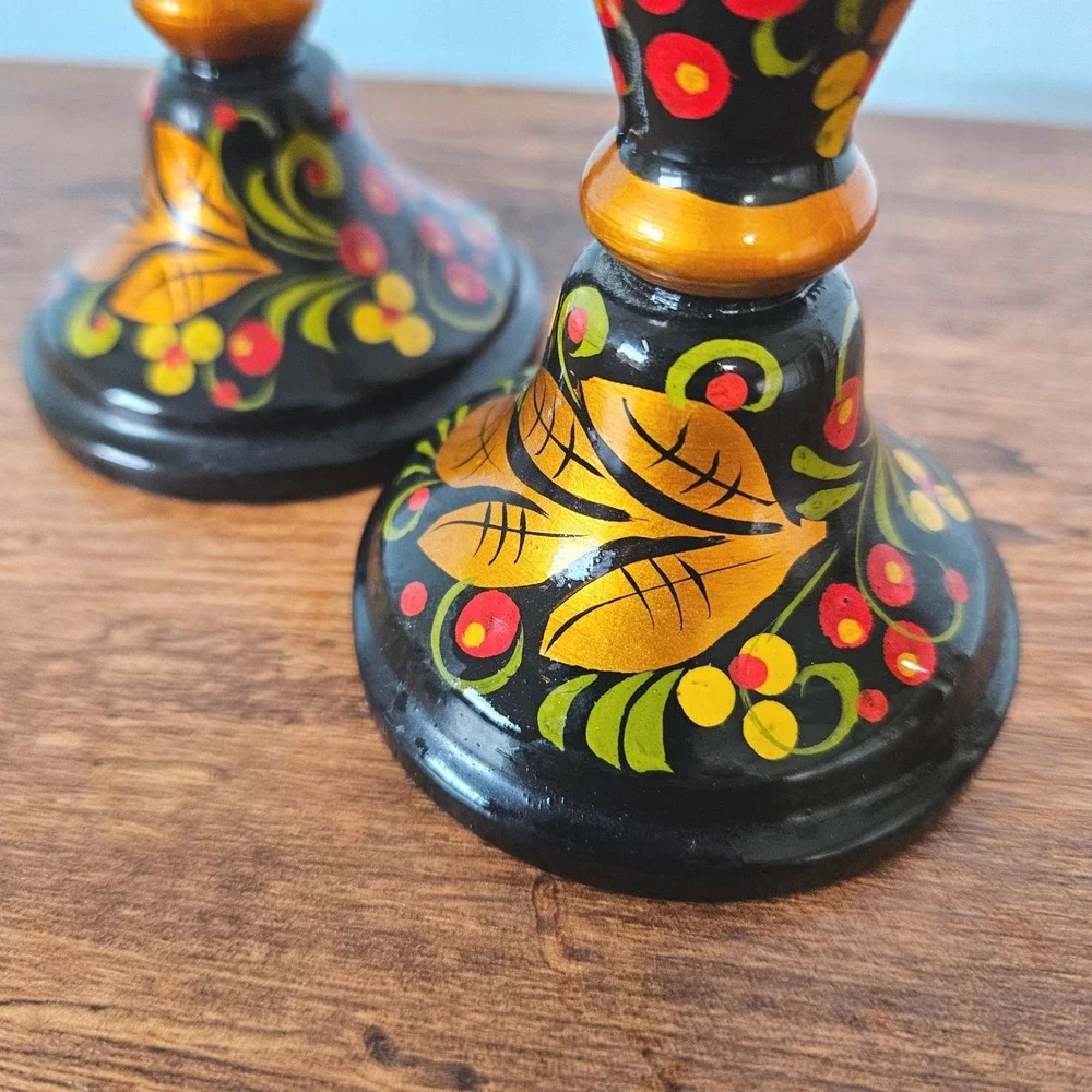 Vtg Russian Khokhloma Hand Painted Wood Candle Holders Sticks Set 2 Black Gold